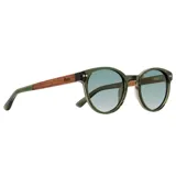 Lentes de sol Indie modelo Zac, con montura redonda color verde oliva y lentes degradé en tonos de verde y celeste.