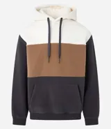 Buzo masculino con capucha, confeccionado en fleece. Presenta recortes formando bloques de colores, manga larga con puño ajustado, bolsillo canguro y barra ajustada.