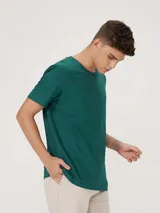 Remera básica de manga corta color gris claro, con cuello redondo.