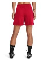 Short deportivo Under Armour Golazo 3.0 para mujer, color rojo con logo blanco en la pierna izquierda.