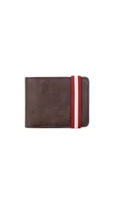 Billetera color beige de símil cuero con galón elastizado marrón y blanco. Interior con doble compartimento para billetes, visor y tarjeteros.