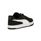 Championes Puma Caven 2.0 de cuero sintético negro con detalles en blanco, suela blanca y logo Puma dorado en el lateral.