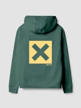 Buzo hoodie azul marino con capucha y cordones ajustables, de corte holgado y puños elásticos. Presenta un estampado en la espalda con una cruz dorada dentro de un cuadrado y texto en japonés.