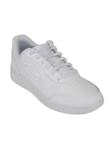 Zapatillas deportivas Under Armour modelo Tempo, color blanco liso, de corte bajo y estilo casual/urbano. Presentan una parte superior de cuero suave y suela de goma resistente. El logo de la marca está grabado en relieve en el lateral.