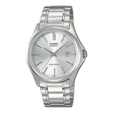 Reloj Casio plateado con pulsera de acero inoxidable, esfera plateada con agujas y marcadores plateados, y calendario.