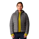 Campera con capucha de plumas, color negro, con cierre frontal completo y logo de la marca en el pecho.