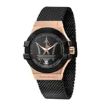 Reloj Maserati Potenza con caja de acero inoxidable color oro rosa, esfera negra con logo Maserati y correa de malla milanesa negra.