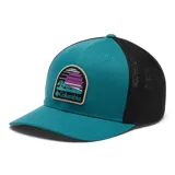Gorro de béisbol Columbia unisex, color azul con paneles traseros de malla negra. Presenta un parche bordado con un paisaje de montaña y el logo de Columbia en el frente.