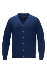 Cárdigan azul marino de cashmere 100% natural, con cuello en V, cierre frontal con botones y corte regular.