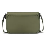 Bandolera Guess modelo Viviette, color verde oliva, confeccionada en PVC con correa de tela ajustable. Presenta logo triangular metálico en el frente, cierre superior y bolsillos internos.