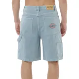 Bermuda de jean celeste con corte recto y bolsillos tipo carpintero.