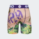 Calzoncillos bóxer estampados con hojas de marihuana, caramelos de goma y papel para armar cigarrillos. Cintura elástica color violeta con logo de la marca.