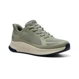 Championes deportivos Skechers Hands Free Slip-ins Bobs Squad Chaos 4, color verde oliva, con capellada de malla, cordones elásticos, plantilla Memory Foam y suela de tracción flexible.
