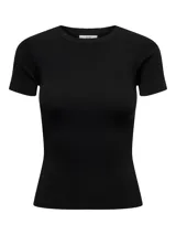 Top de punto negro con cuello redondo y manga corta.