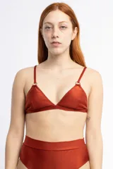 Top de bikini triángulo color ladrillo con breteles regulables, argolla en bretel y broche en espalda. Confeccionado en tela brillante y con relleno.