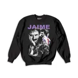 Buzo negro de algodón con estampado de fotos de Jaime Roos y su nombre en color violeta.