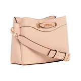 Cartera tipo bucket Guess modelo Emera, color beige con logo Guess en dorado.
