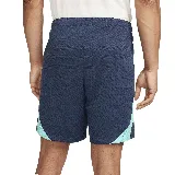 Shorts de fútbol Nike Dri-FIT Strike para hombre, color azul con diseño geométrico y franjas laterales en verde agua. Logo de Nike estampado en blanco en la pierna izquierda.