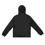 Campera rompevientos negra con capucha, cierre frontal y bolsillos laterales. Estampado con firma en el pecho y logo de la marca en el lateral.