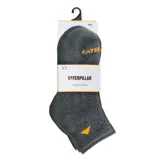 Calcetines de tobillo blancos con logo de Caterpillar en los dedos y un triángulo naranja en el tobillo.