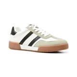 Championes urbanos American Sport Resh Core, color blanco con detalles en negro y gris. Presentan tres tiras laterales negras y suela marrón.