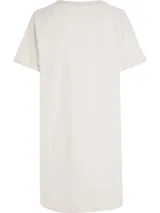 Vestido blanco de corte recto con cuello redondo y mangas cortas con dobladillo. Estampado frontal con el logo de Tommy Hilfiger con detalles de cuerdas en forma de H.