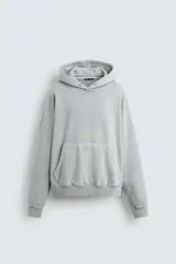 Sudadera gris con capucha ajustable, corte boxy fit, manga larga, bolsillo tipo canguro y estampado en la espalda.