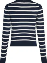 Sweater de punto a rayas horizontales azul marino y blanco, con cuello redondo y gráfico de corazón rojo con la firma Tommy Hilfiger bordada en el pecho.