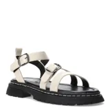 Sandalia negra con plataforma, tiras anchas color blanco y ajuste con hebillas y velcro.