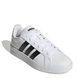Championes Adidas Grand Court Base 3.0, color blanco con las tres franjas laterales en negro y suela blanca.