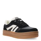 Zapatillas deportivas urbanas color negro con detalles en blanco y suela marrón con plataforma.