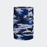 Cuello tubular multifuncional marca Buff, modelo Thermonet, con diseño de estampado abstracto en tonos azul, blanco y azul marino. Fabricado con tecnología Thermonet que utiliza hilo PrimaLoft® para ofrecer alta protección térmica y transpirabilidad en un diseño ligero y sin costuras, ideal para deportes de invierno.