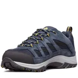 Zapatillas de senderismo Columbia modelo Crestwood Low en color azul marino. Presentan un empeine que combina gamuza y malla transpirable, con una mediasuela Techlite™ para mayor amortiguación y una suela de caucho Omni-Grip™ diseñada para tracción en diversos terrenos. Incluyen detalles en amarillo en los cordones y el logo de la marca.