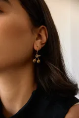 Par de aros plateados con forma de cerezas colgando de un aro pequeño.