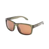 Lentes de sol rectangulares con marco de plástico color verde oliva y lentes color marrón.