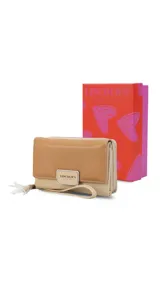 Billetera mediana marca Lincoln's confeccionada en cuero sintético con diseño bicolor. Presenta una tapa en tono dorado metalizado con cierre de presilla y cuerpo negro con compartimento de cremallera. Cuenta con múltiples divisiones internas para tarjetas, billetes y monedas, además de una práctica correa de mano.