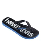 Sandalias Havaianas Top Logomania para hombre, con base negra, suela celeste y tiras negras con el logo de la marca en blanco.