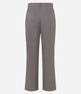 Pantalón recto de vestir color gris, de corte sastrero con cintura alta, trabillas y detalle de ganchillo en la cintura.