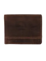 Billetera de cuero marrón con costuras en contraste, ocho ranuras para tarjetas y tecnología RFID.