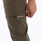 Pantalón de trekking desmontable color verde musgo, convertible en short. Confeccionado en tejido elástico 4-Way Spandex repelente al agua. Incluye cintura elasticada, cinturón interno ajustable, bolsillos con cierre y elástico interior en los tobillos.