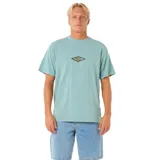 Remera verde de manga corta con estampado pequeño en el pecho.