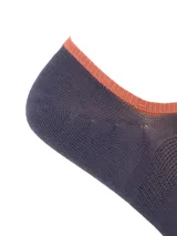 Calcetín invisible azul oscuro, confeccionado en fibra de bambú, con borde superior naranja. Ofrece suavidad, frescura, propiedades antibacterianas y alta absorción.