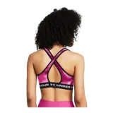 Top deportivo Under Armour con estampado abstracto en tonos verde militar y negro, breteles finos blancos y banda elástica con logo de la marca.