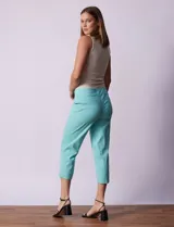 Pantalón capri verde esmeralda de gabardina elastizada, marca Zac & Reachel. Tiene pretina ancha elastizada y bolsillos simulados en la parte delantera y trasera.