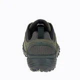 Zapato de senderismo color verde oliva con detalles en negro, capellada de cuero flor, forro de malla transpirable, plantilla anatómica Ortholite™, entresuela de espuma EVA moldeada por compresión y suela Vibram®.