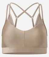 Top deportivo color tostado, confeccionado en microfibra con efecto satinado. Presenta copas y correas dobles ajustables.