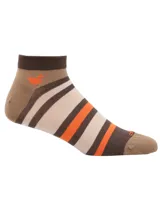 Calcetines cortos tobilleros a rayas horizontales en tonos marrones, beige y naranja. Presentan un logo de pato bordado en el lateral.
