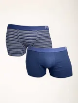 Pack de dos boxers de hombre, uno liso color azul y otro a rayas horizontales en tonos azul, gris y blanco. Ambos con cintura elástica con logo de la marca.