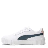 Championes Puma modelo Carina 2.0 para mujer, color blanco con franja lateral (Formstrip) negra. Presentan una plataforma gruesa con textura acanalada en la puntera y el talón, y cordones blancos.
