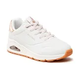 Championes Skechers Street Uno - Shimmer Away color blanco con detalles en dorado. Capellada de durabuck sintético, cordones elásticos, plantilla Skechers Air-Cooled Memory Foam y media suela visible Skech-Air con cámara de aire.
